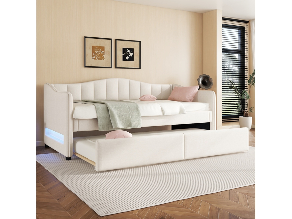 Daybettt, Cama de día 90x200cm con cama retráctil, Sofá cama, Cama individual (sin colchón), Diseño de luz ambiental, Lino, Estilo minimalista, Beige.