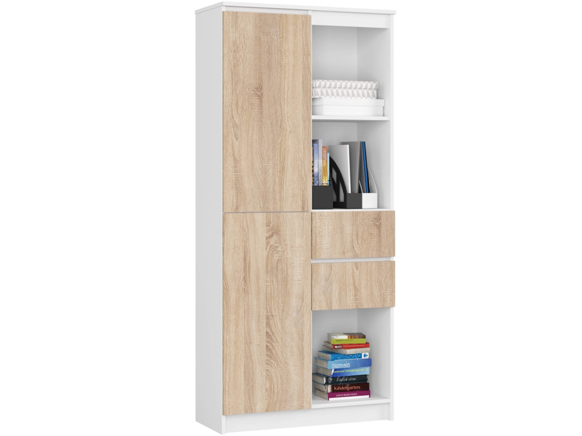 Librería Akord R15 Blanco 80 Cm 2 Puertas 2 Cajones Frente En Color Roble Sonoma 7 Estantes 80x35x180 Cm