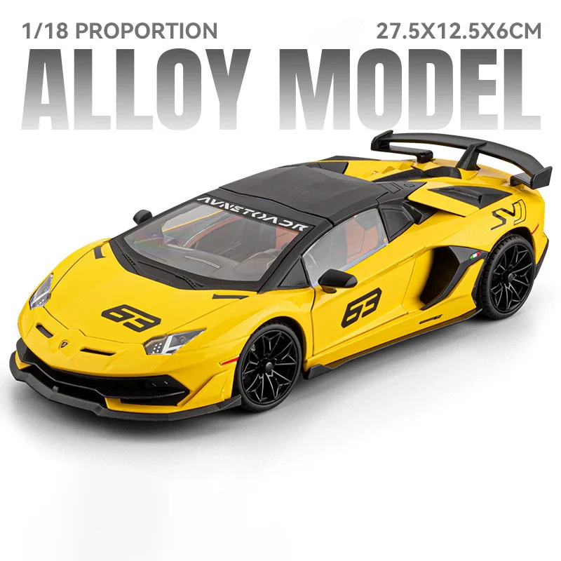 (svj63 Amarillo) Coche miniatura a escala 1:18 con efectos de sonido y luz, superdeportivo