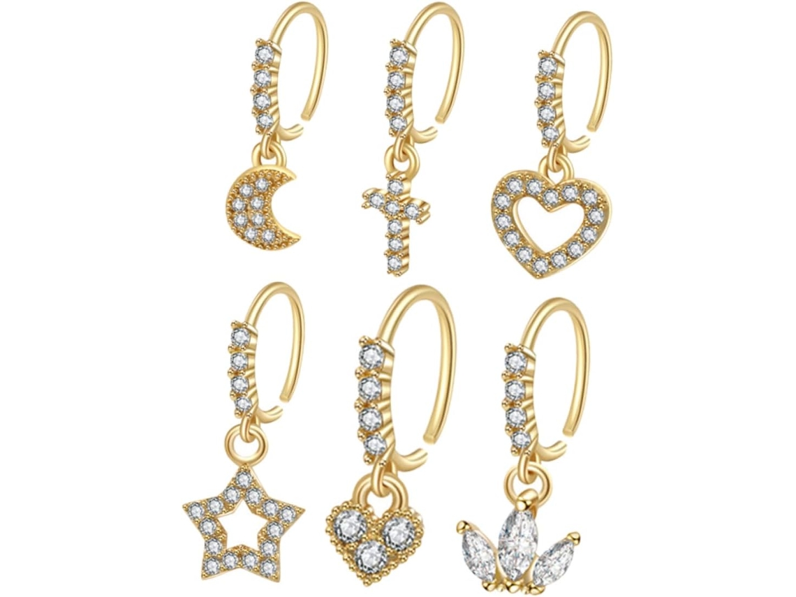 Juego De 6 Aros Nasales Para Mujer, Joyería Para Piercings, Clips De Luna Y Estrella, De Diseños Faciales, Maquillaje, Fiesta