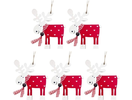 5 uds colgantes de reno de árbol de Navidad colgantes de árbol de Navidad decoraciones de árbol de madera (rojo)