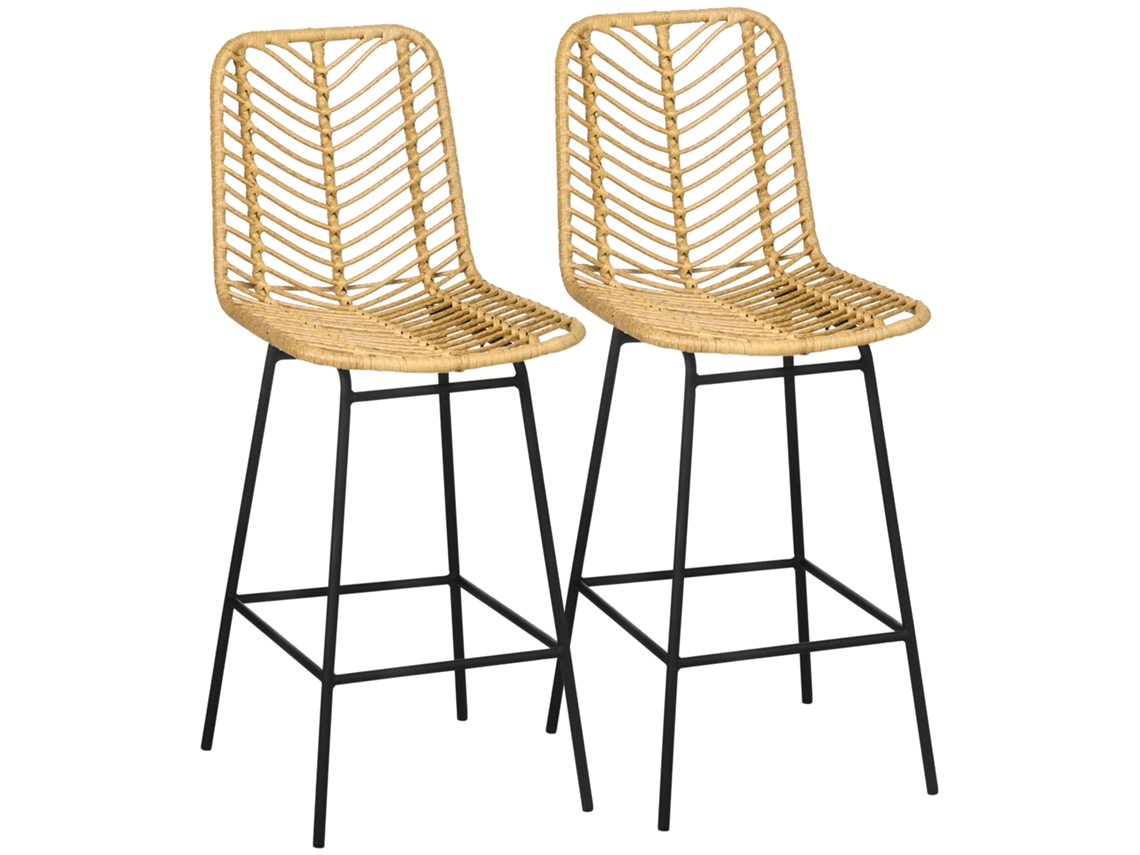 Juego de 2 taburetes de bar estilo bohemio, de ratán sintético (PE), con reposapiés, 42,5 cm x 52 cm x 102 cm, amarillo + negro.
