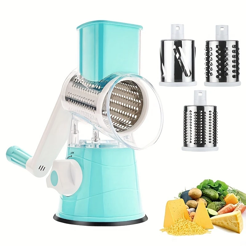 Rallador de mesa manual multifuncional 3 en 1 de plástico para patatas y verduras, fácil de preparar en la cocina, color azul