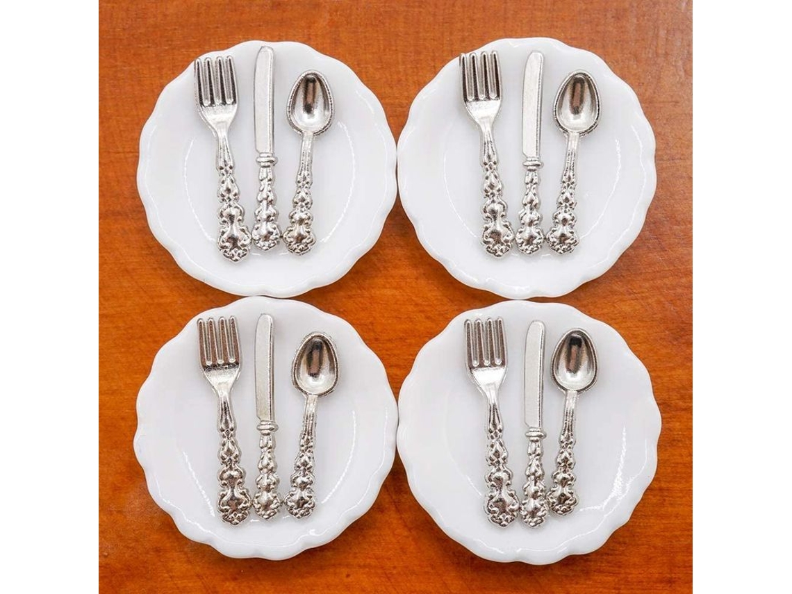 Juego En Miniatura A Escala 1:12 De 4 Platos Y 12 Cucharas/tenedores/cuchillos, Accesorios De Vajilla De Plata, Cocina Para Casa De Muñecas.