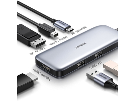Adaptador UGREEN 80865 Cm384 6In1 Tipo-C a Hub Pd100W HDMI/Dp/Minidp 4K60Hz 2Usb2.0 para Huawei Mate40/P50 S20
