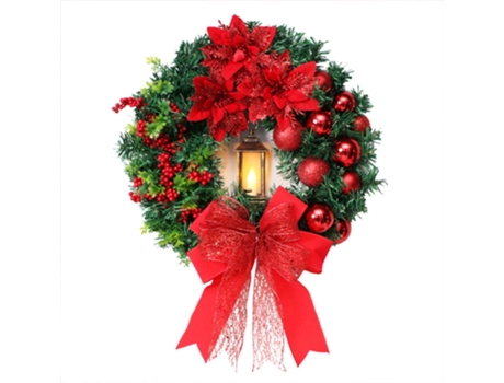 Corona de Navidad con linterna de viento Bowknot Flor roja Adorno de puerta delantera para ventana de decoración de fiesta