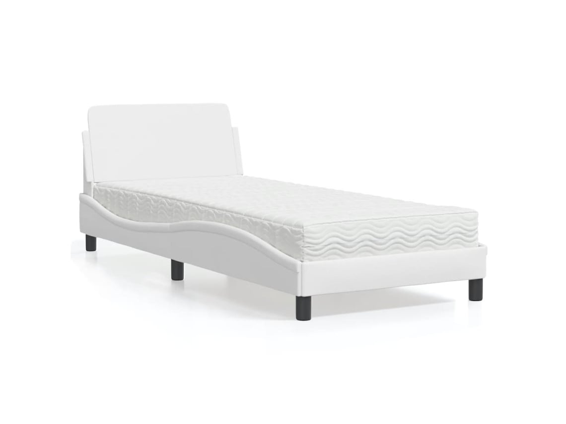 Cama Con Colchón Cuero Sintético Blanco 90x190 Cm