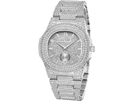VEANXIN Reloj con correa de acero inoxidable con cristal de hip-hop y joyas completas-manos rojas negras