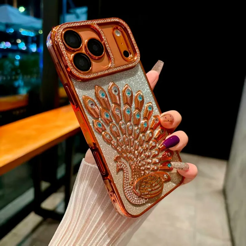 (iphone 14 Pro Naranja) Marco Chapado En Oro, Pegatina De Lentejuelas, Anillo De Lente De Diamantes De Imitación