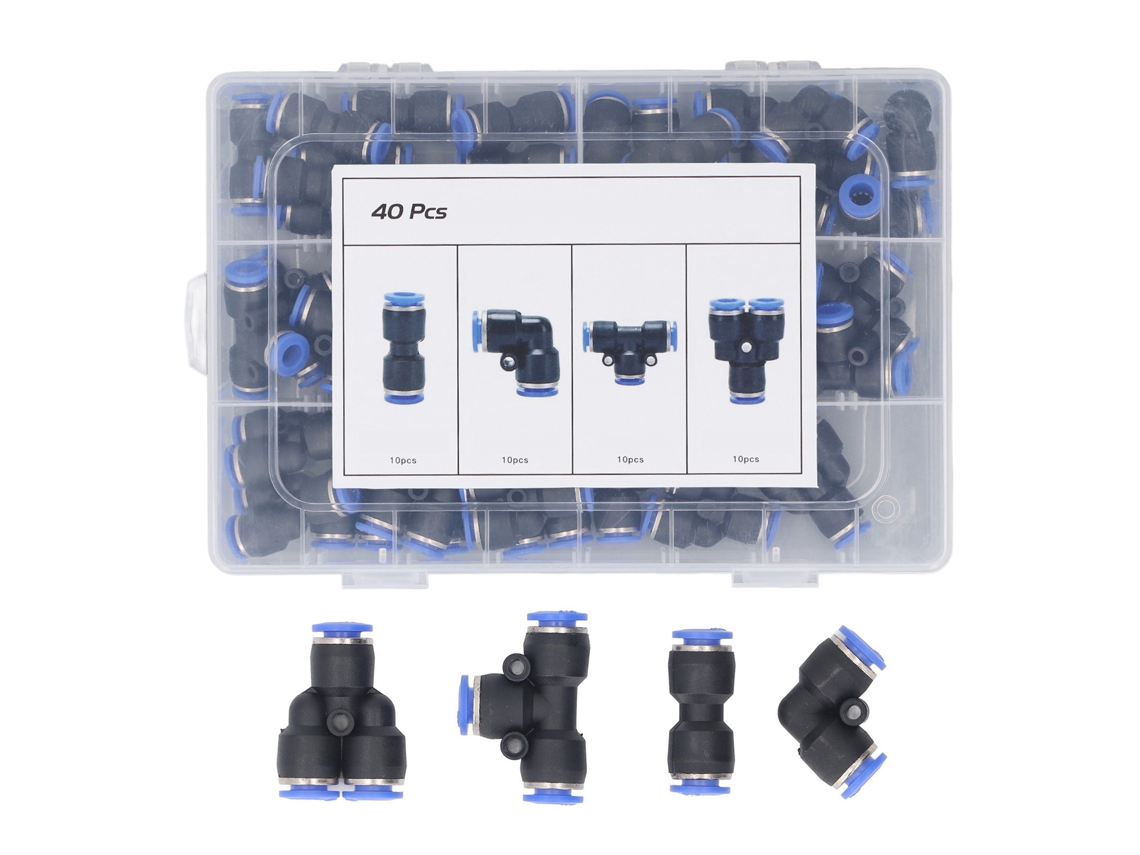 Kit De 40 Racores Neumáticos De Conexión Rápida De 6 Mm De Diámetro Exterior: Divisores, Codos, Tes Y Racores Rectos.