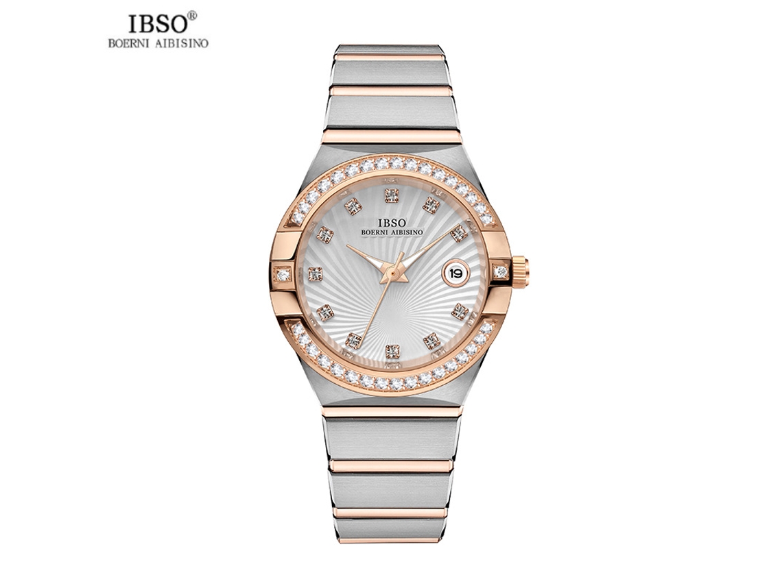 Reloj redondo impermeable para mujer (oro blanco) con calendario, diseño sencillo con diamantes de imitación y movimiento de cuarzo.