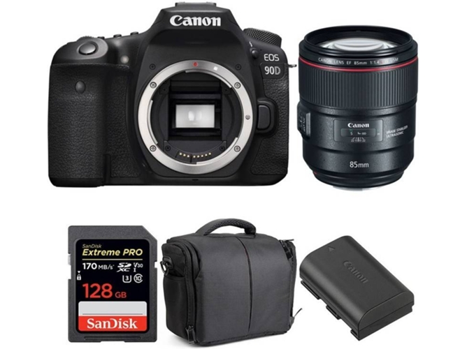 Kit Cámara CANON EOS 90D + EF 85mm f/1.4L IS USM + SanDisk 128 GB + Batería + Bolsa (APS-C)