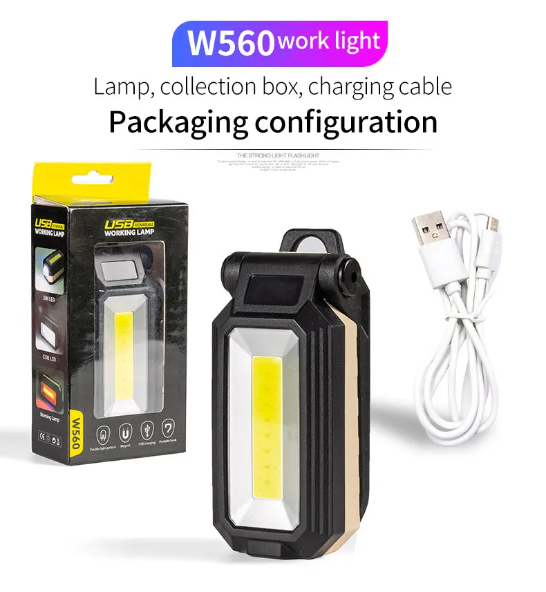 Linterna de trabajo magnética COB - Ajustable y plegable - Luz potente - Resistente al agua - Para emergencias - Linterna de camping - Con gancho