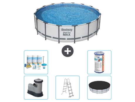 Piscina BESTWAY Round Steel Pro MAX - 488 x 122 cm - Gris - Bomba incluida - Escalera - Cobertor Paquete de mantenimiento - Filtrar