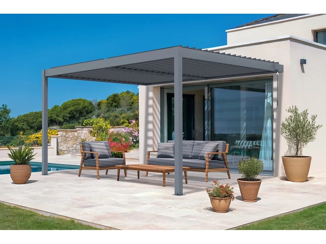 Pérgola bioclimática de aluminio 4x3m - lamas orientables - Gris antracita, Adosada en la pared PIANA