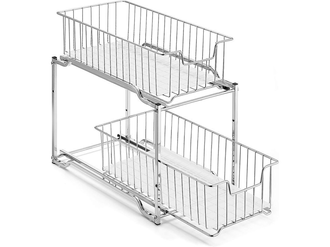 Organizador plegable de 2 niveles para el suelo del baño con cajón deslizante, cromado.