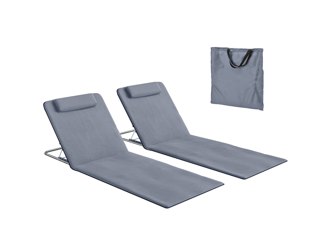 Conjunto 2 Esteiras Praia Encosto Reclinável 5 Níveis Bolsa Transporte Apoio Cabeça 48x134x33-43cm Cinza