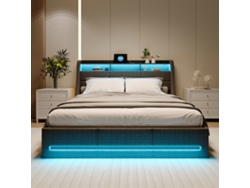 Cama Matrimonial Led 160x200, Almacenaje Hidráulico, Tira Luz Rgb + App, Tela Lona Gris, Enchufe Europeo, Cama Nido Grande Con Luz, Diseño Moderno