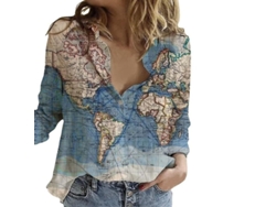 Fasst-camisa De Manga Larga Para Mujer Con Estampado De Mapa Mundial Cuello Solapa Casual Verano Poliéster Azul Verde