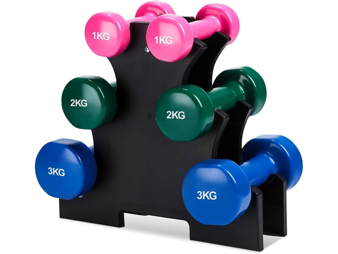 Set de 6 mancuernas 2x 1kg, 2x 2kg, 2x 3kg pesas con soporte para gimnasio y entrenamiento en casa COSHANO