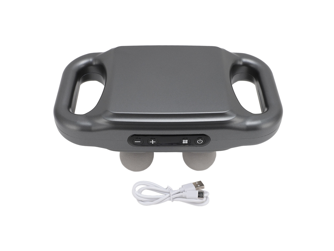 Pistola de masaje fascial con 4 cabezales, 20 niveles y 6 modos de masaje profundo, color gris.