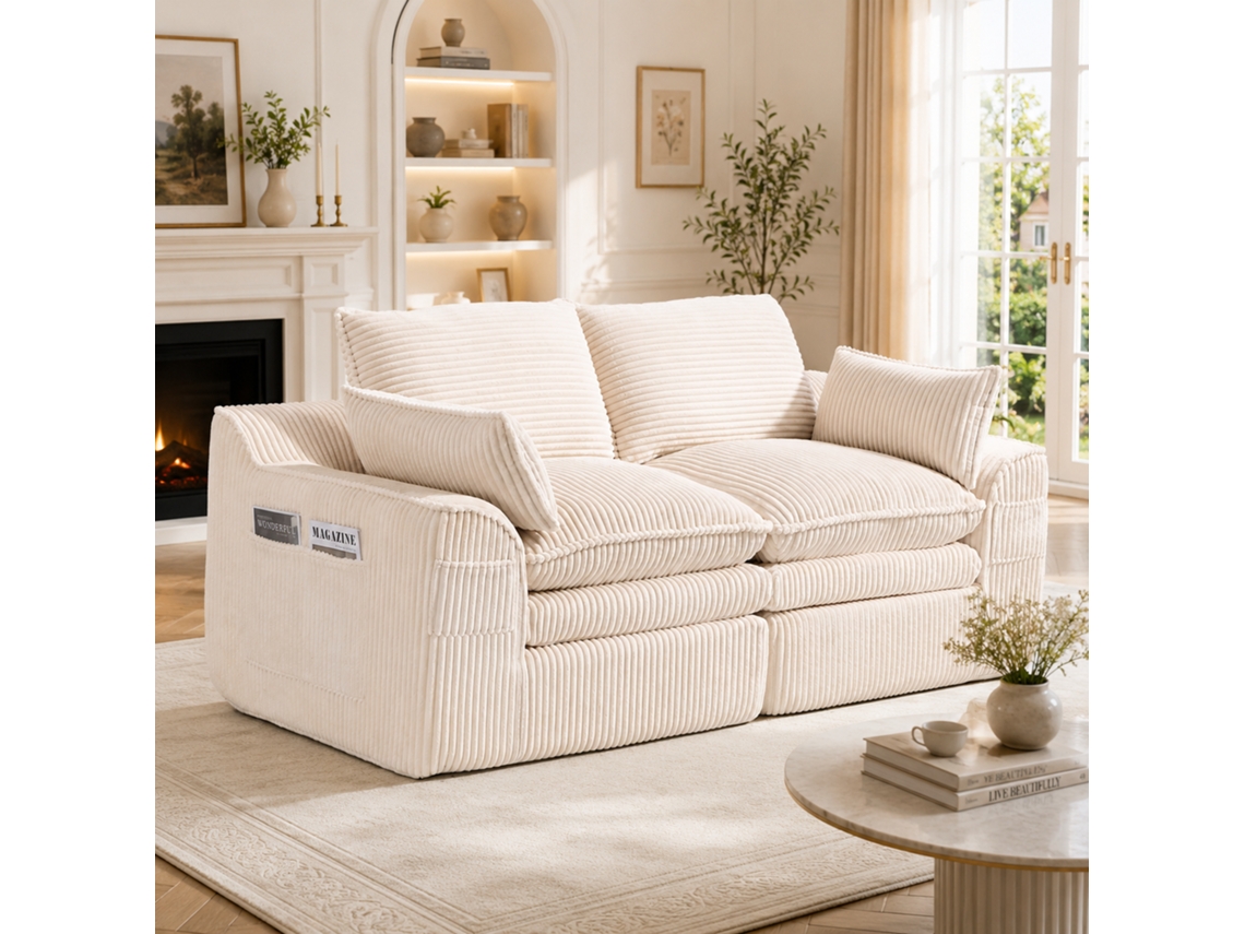 Sofá Modular De Pana Para 2 Personas Con Cojines, Bolsillos Laterales, Espuma Y Muelles, Color Beige.