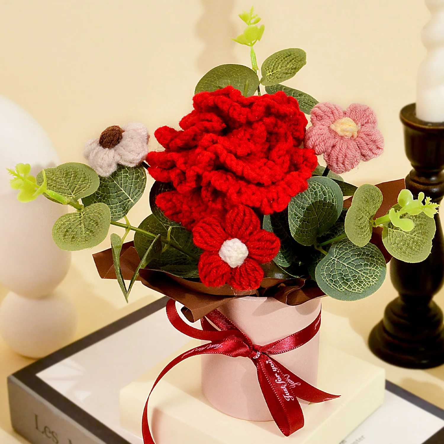 (Rojo) Ramo de flores de ganchillo hecho a mano, ramo de claveles de tela tejida a ganchillo - Decoración del hogar y regalos