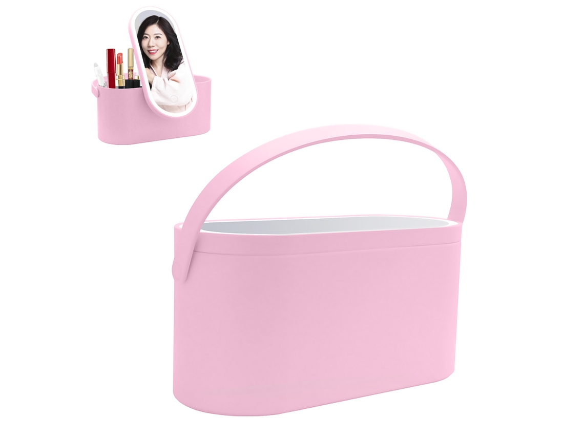 Espejo de maquillaje especial con luces LED y caja organizadora de maquillaje portátil.