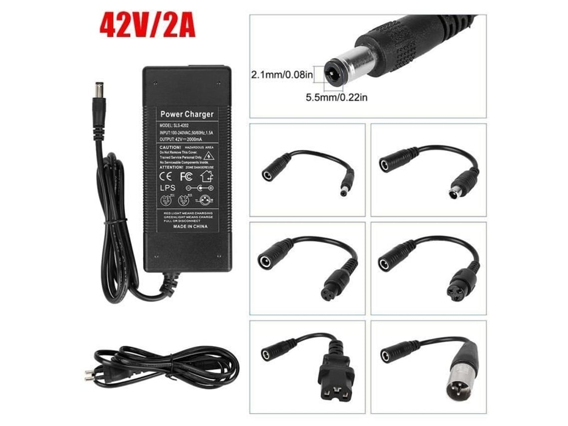Cargador Universal Para Patinetes Eléctricos: Compatible Con Bicicletas Eléctricas, 42 V, 2 A Cc, Conectores De 5,5 X 2,1 Mm / 5,5 X 2,5 Mm