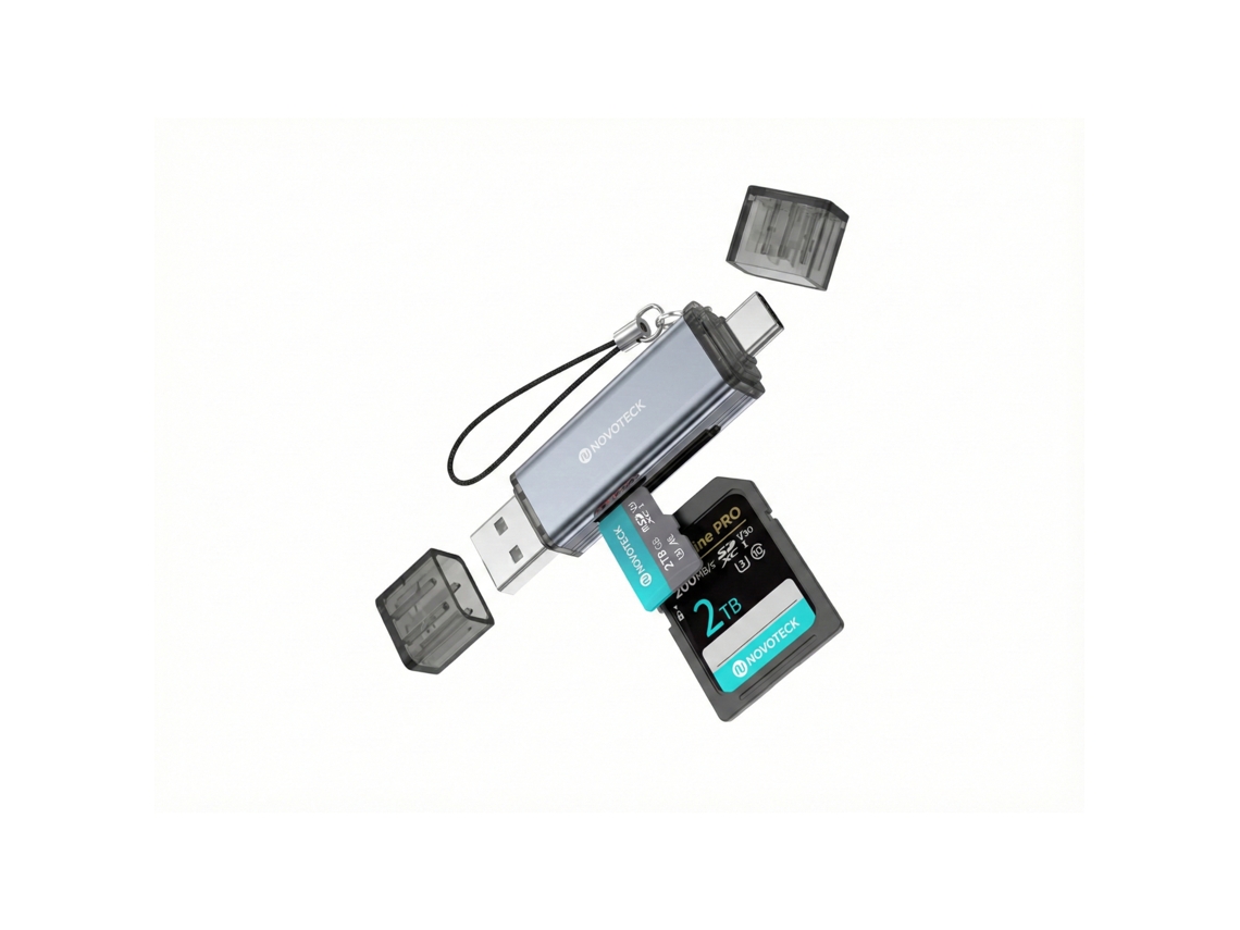 Lector de tarjetas Novoteck HK-094 2 en 1 (SD + TF/microSD) USB-A + USB-C - Plateado