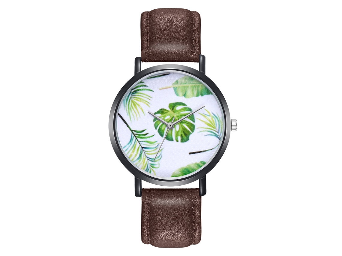 Reloj De Pulsera De Cuarzo Con Correa De Cuero Pu Hojas Modernas Zhoulianfa Café Unisex