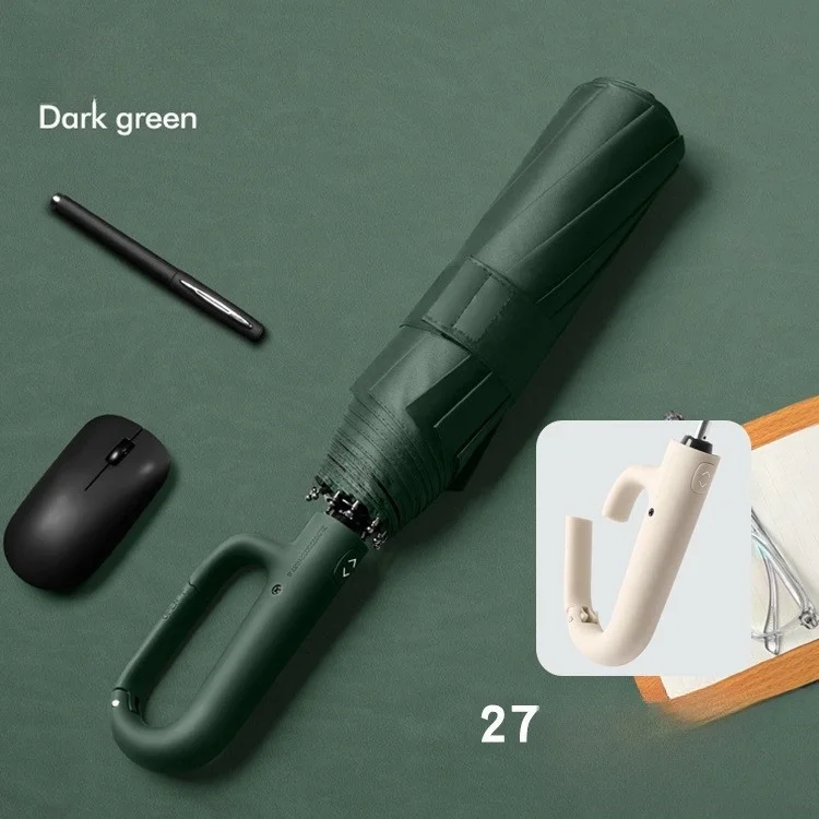 Paraguas Plegable De Tres Secciones Con Anilla De 27 Pulgadas (verde Oscuro 10k), Totalmente Automático, Paraguas De Negocios Plegable Doble.