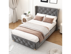 Cama Individual, Gris, 90x200 Cm, Con Botones, Patas De Madera Y Somier De Láminas.