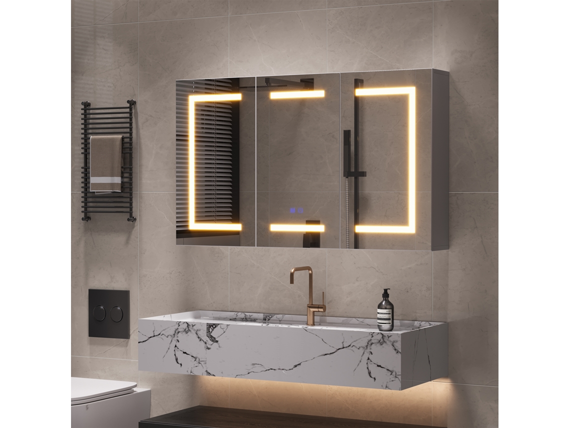 Armario Pared Baño 3 Puertas 100,4x13,5x60 Cm, Led 3 Tonos Antivaho, Enchufe + Usb, Estantes Ajustables, Blanco