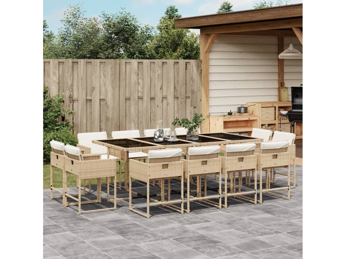 Juego de comedor de jardín de 13 piezas con cojines, mimbre sintético beige, DKD Home Decor