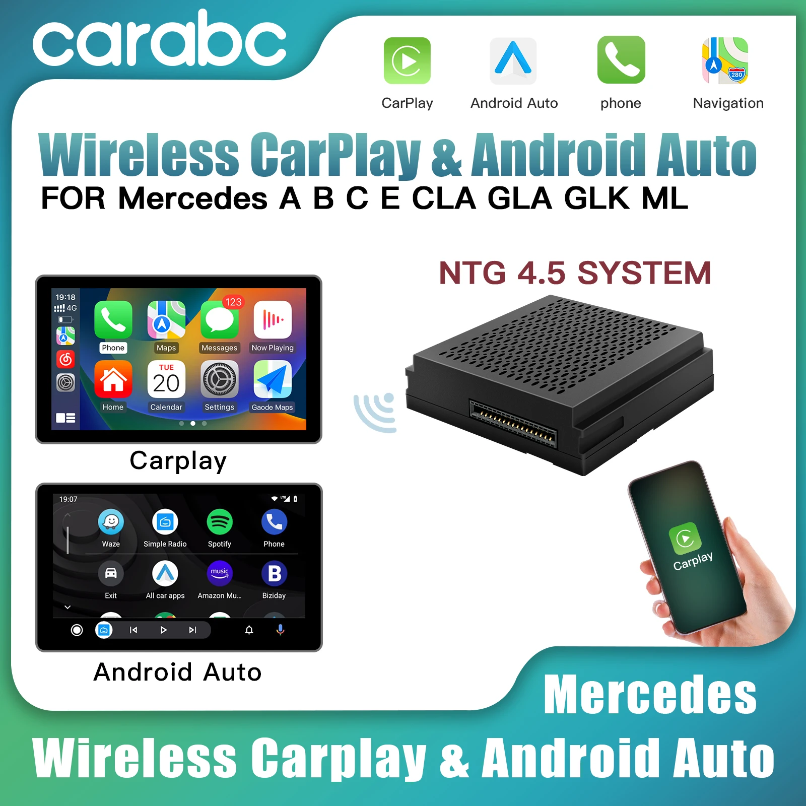 Carabc Wireless Carplay Android Auto para Mercedes Benz NTG4.5 ABCE CLA GLAL GL ML Mirror Link Airplay BC-03