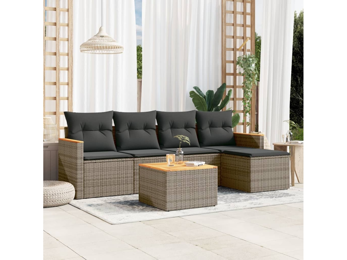 Conjunto de sofá de jardín de 6 piezas con cojines de mimbre gris, Dkd Home Decor