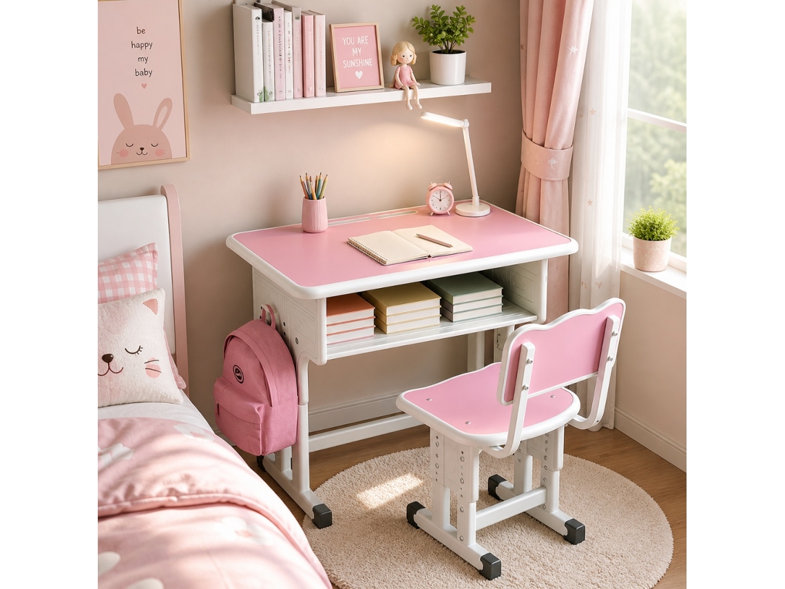 Conjunto Escritorio Y Silla Infantil Ajustable, Mesa 60x40 Cm, Altura 66-76 Cm, Cajón Grande, Gancho Mochila