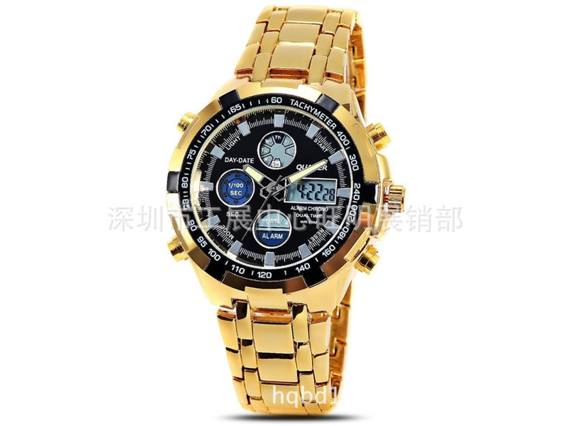 Relógio Masculino Multifuncional Casual E Moderno Com Movimento Duplo Em Metal (preto E Dourado).