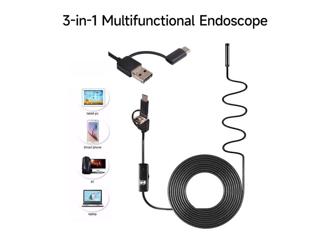 Endoscopio Para Teléfono Móvil 3 En 1: Tipo-c + Micro Usb + Usb, Cámara, Led De 8 Mm, Ip67, 1280x720