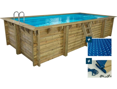 Piscina rectangular de madera "Tobago" - 6,20 x 3,00 x 1,31 m + cubierta de burbujas de 180 µ - cubierta de invierno de 280 g/m²