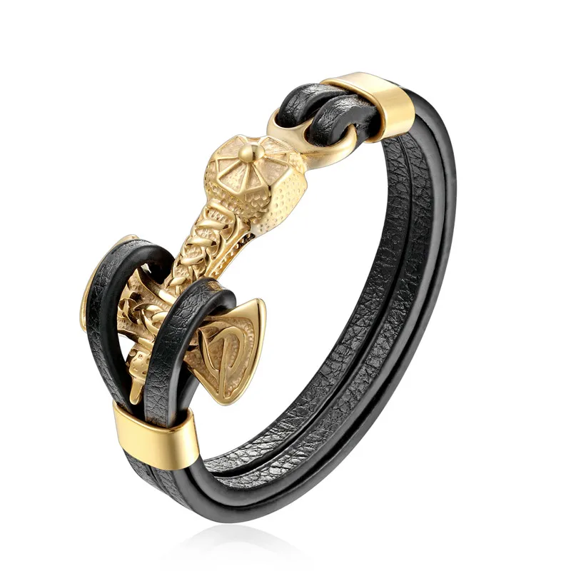Pulsera de cuero genuino para hombre con colgante de ancla y cierre de acero inoxidable. MDUG