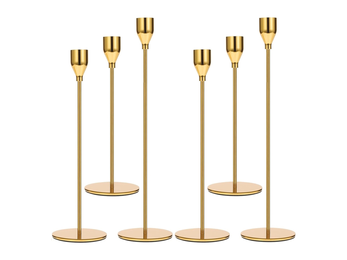 Candelabros decorativos modernos de hierro con acabado dorado, 6 unidades.