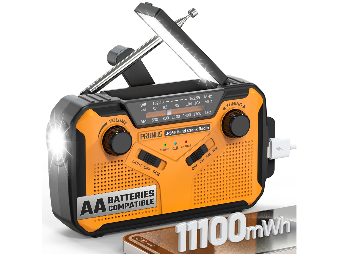 Radio de emergencia portátil AM/FM con carga solar, manivela, USB, pilas AA, linterna, lámpara de lectura y alarma SOS. Viewleaf