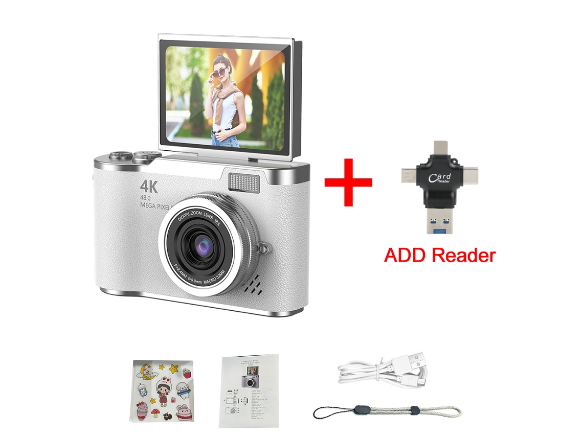 Cámara digital MDUG 4K de 48 MP para niños con enfoque automático y pantalla de 2,4 pulgadas (gira 180° con lector de tarjetas de 128 GB)