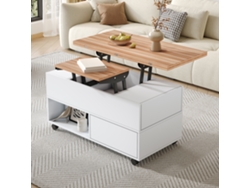 Mesa de centro de 100x50x52 cm con ruedas, 4 cajones, altura regulable, madera blanca.