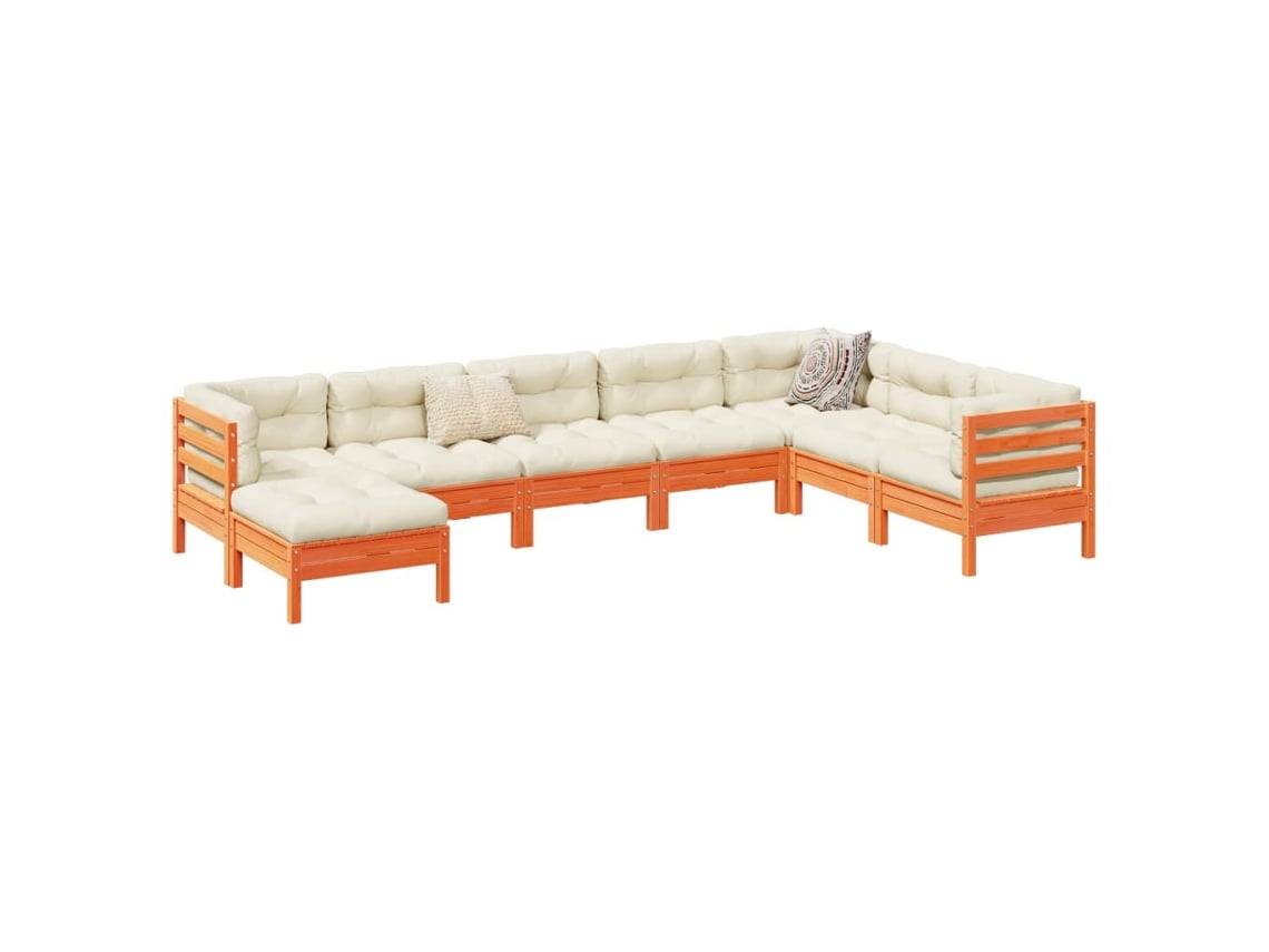 Conjunto de sofá de jardín de 8 piezas con cojines en pino macizo, marrón miel, DKD Home Decor