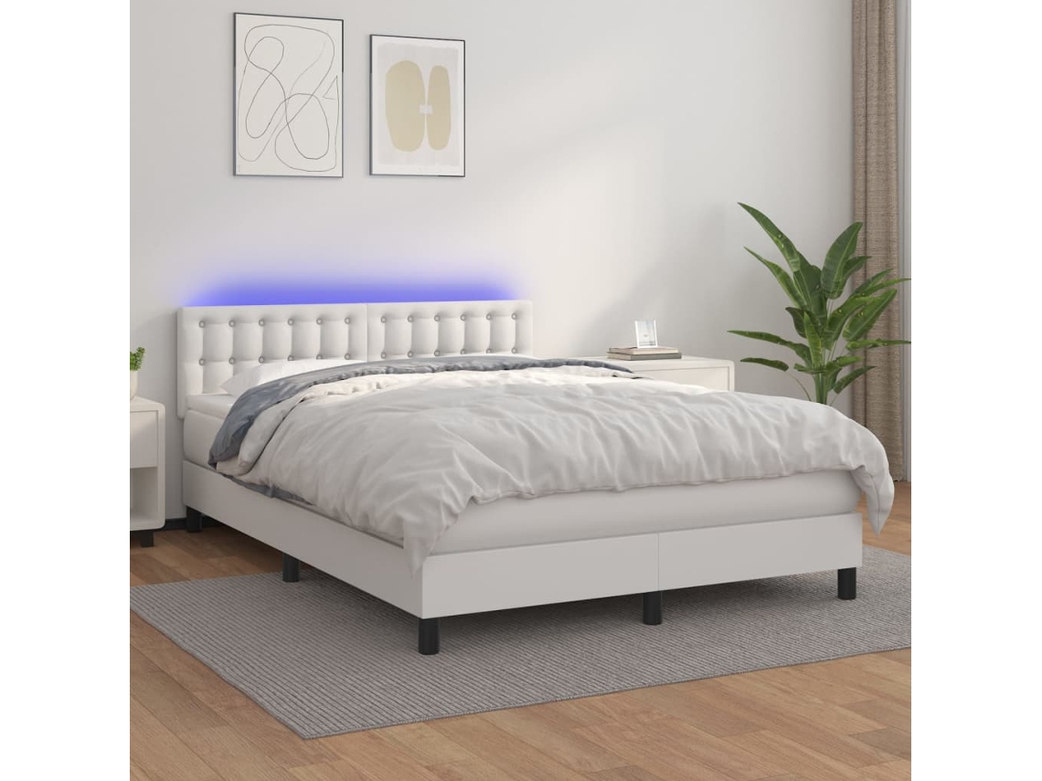 Cama Box Spring Colchón Y Led Cuero Sintético Blanco 140x200 Cm