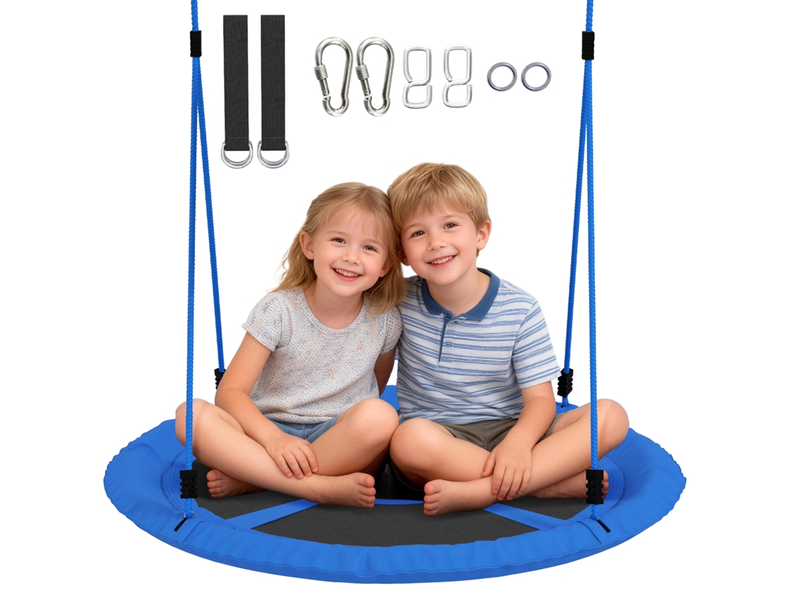 Columpio Nido De Pájaro, Columpio Para 2 Niños Con Cuerdas Regulables En Altura, Asiento Redondo De Ø 80 Cm, Azul.
