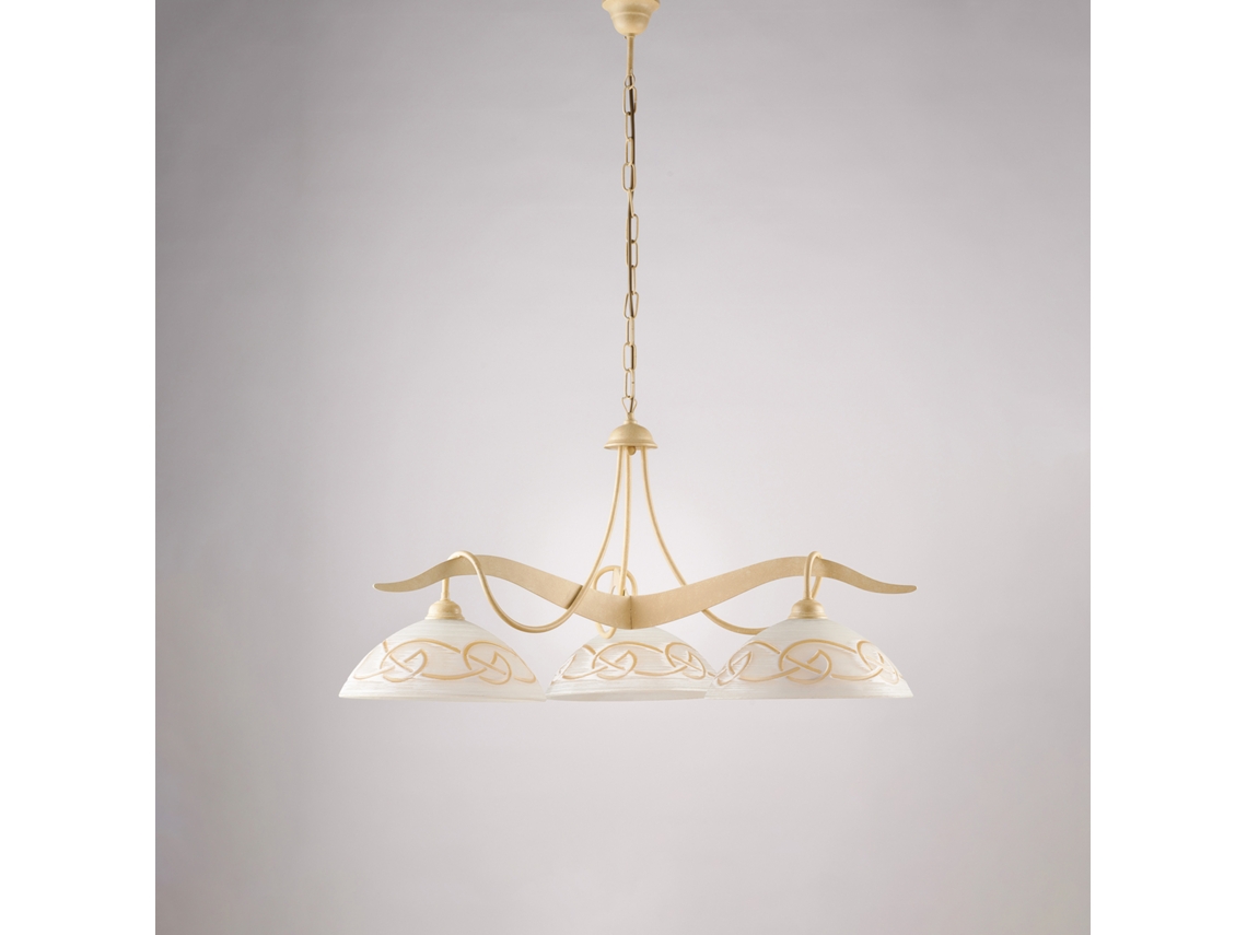 Lámpara de araña Bilbao de hierro marfil con efecto decapado decorativo y difusores de cristal D. 30 luces blancas y ámbar 3 luces 106 Ø89 Belight